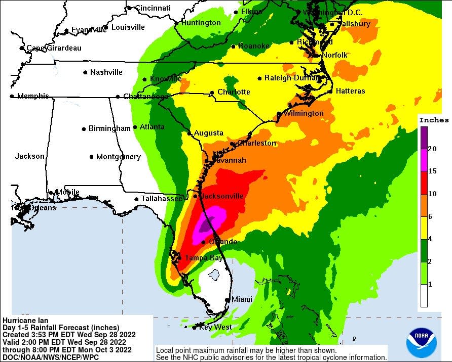 6 p.m. rainfall threat map for Hurricane Ian.