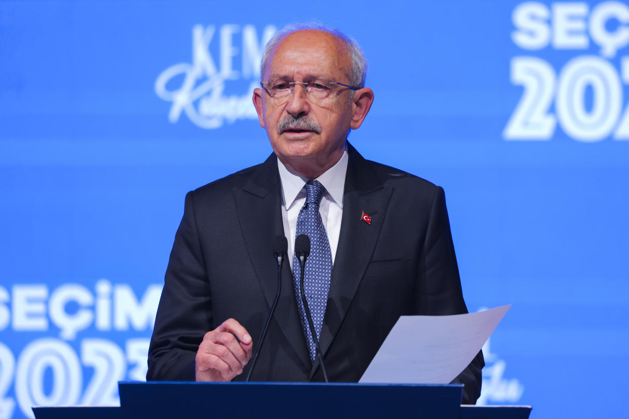 Kemal Kilicdaroglu, the 74-year-old leader of the center-left, pro-secular Republican People's Party (CHP) speaks at the party's headquarters in Ankara, Turkey, on Sunday, May 14, 2023. More than 64 million people, including 3.4 million overseas voters, were eligible to vote. (AP Photo)