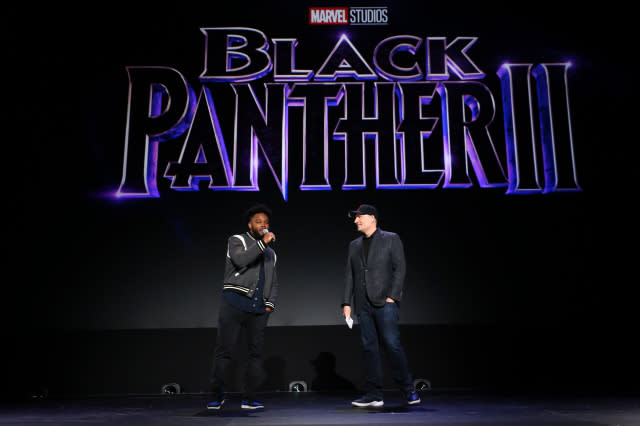 ANAHEIM, CALIFORNIA - AUGUST 24: (L-R) Ryan Coogler of 'Black Panther 2' and President of Marvel Studios Kevin Feige took part today in the Walt Disney Studios presentation at Disneyâ€™s D23 EXPO 2019 in Anaheim, Calif.  'Black Panther 2' will be released in U.S. theaters on May 6, 2020. (Photo by Jesse Grant/Getty Images for Disney)