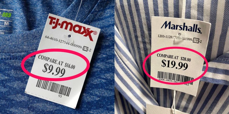 composite image of two price tags from TJ Maxx and Marshalls with red circles around the prices