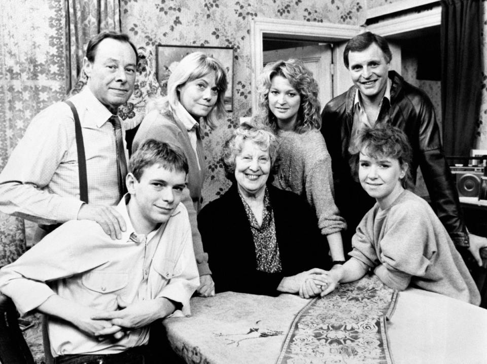 (From left as their EastEnder’s characters): Treacher,  Wendy Richard, Gillian Taylforth and Peter Dean, Adam Woodyatt and Susan Tully in 1988 (PA)