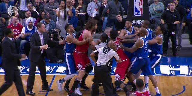 <p>Robin Lopez and Serge Ibaka get into a heated confrontation lat in Tuesday night’s game at the Air Canada Centre. (Yahoo 7Sport) </p>