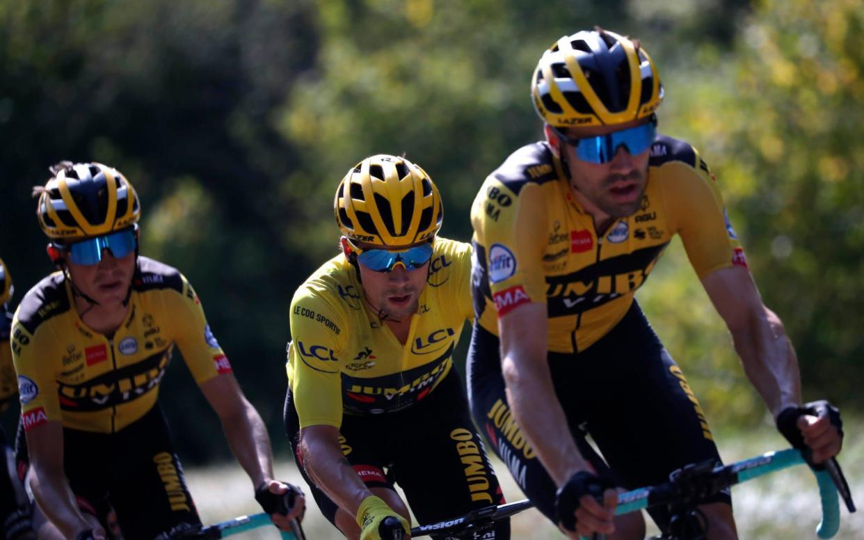 Bourg-en-Bresse to Champagnole - France - September 18, 2020. Team Jumbo-Visma rider Primoz Roglic of Slovenia, wearing the overall leader's yellow jersey - REUTERS/Stephane Mahe