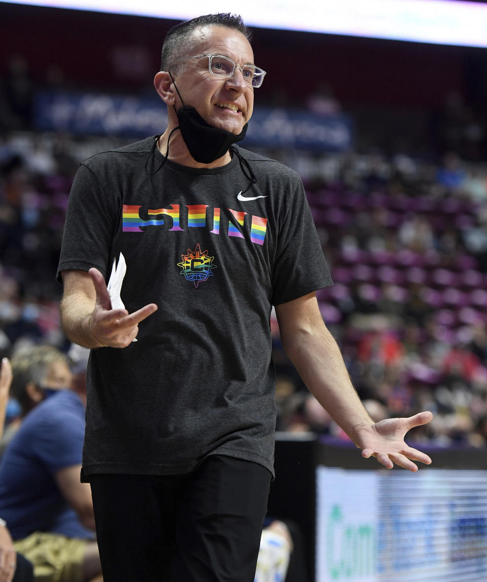 Connecticut Sun head coach Curt Miller argues with an official during the team's WNBA basketball game against the New York Liberty on Wednesday, Sept. 15, 2021, in Uncasville, Conn. (Sean D. Elliot/The Day via AP)