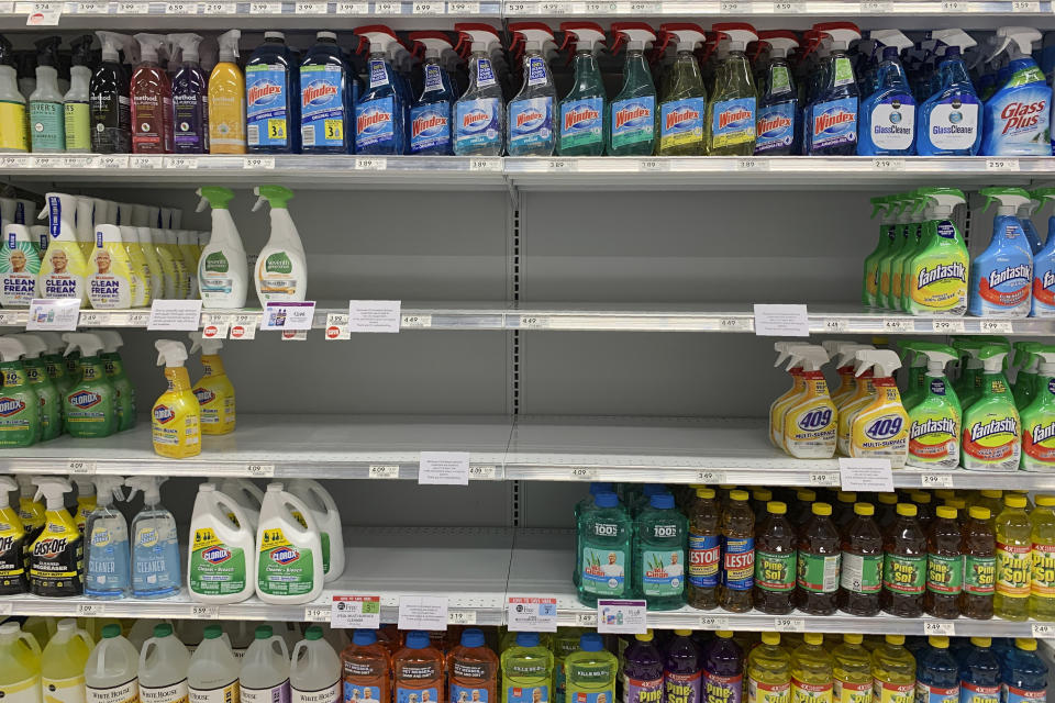 Empty shelves of cleaning supplies are seen at a Publix Supermarket amid concern over the COVID-19 virus on Monday, March 9, 2020, in Pembroke Pines, Fla. (AP Photo/Brynn Anderson)