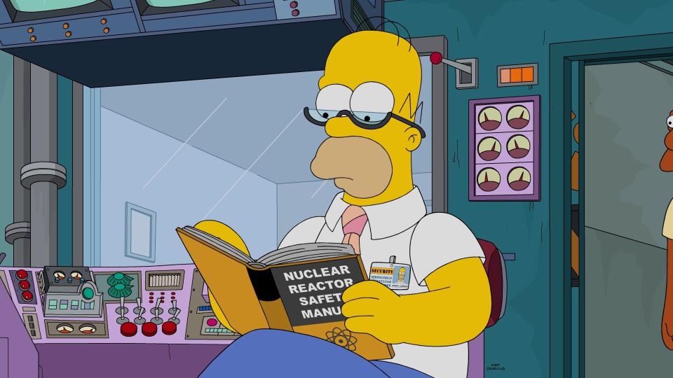 Homer Simpson reading "Nuclear Reactor Safety Manual" at work in the animated show "The Simpsons"