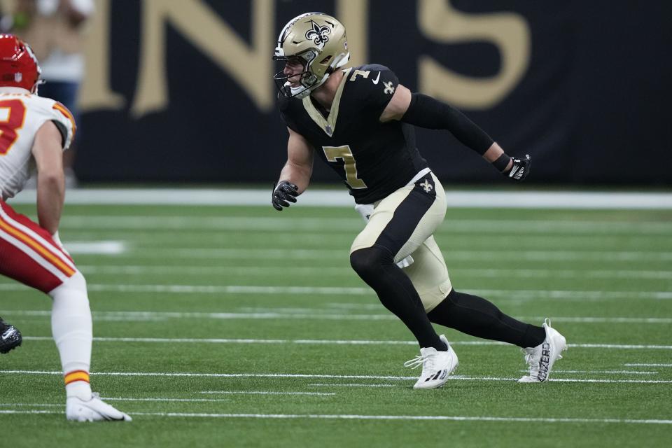 New Orleans Saints tight end Taysom Hill in action during preseason game against the Kansas City Chiefs in New Orleans, Sunday, Aug. 13, 2023. | Gerald Herbert, Associated Press