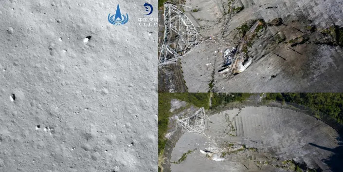 Left: China National Space Administration Right: These two aerial views shows the damage at the Arecibo Observatory after one of the main cables holding the receiver broke in Arecibo, Puerto Rico, on December 1, 2020. - The radio telescope in Puerto Rico, which once starred in a James Bond film, collapsed Tuesday when its 900-ton receiver platform fell 450 feet (140 meters) and smashed onto the radio dish below.