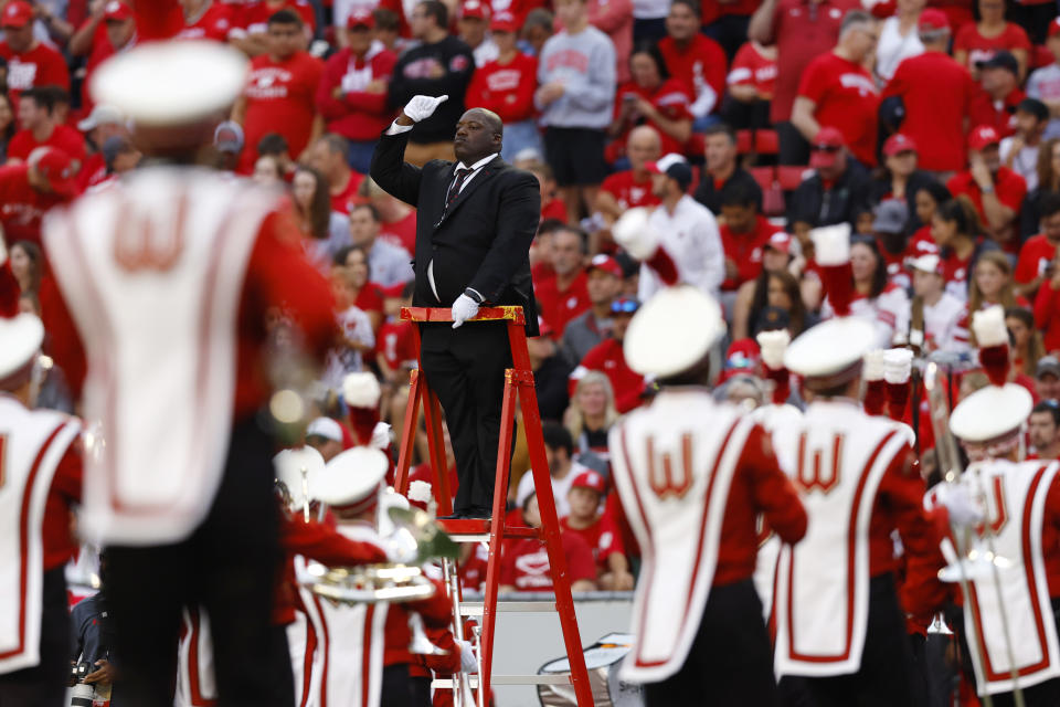 Sep 3, 2022; Madison, Wisconsin, USA; Wisconsin Badgers band director Corey Pompey prior to the game against the Illinois State Redbirds at Camp Randall Stadium. Mandatory Credit: Jeff Hanisch-USA TODAY Sports