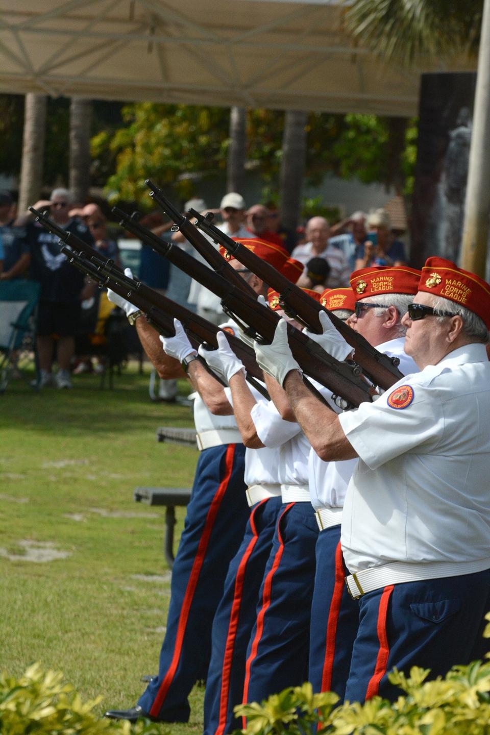 The Marine Corps League honor guard. Bonita Springs commemorated Memorial Day on Monday morning, May 27, 2019,  with a ceremony at Riverside Park attended by hundreds.