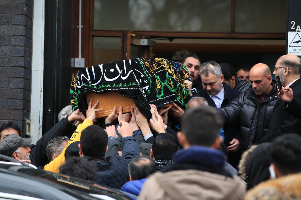 The coffin of 17-year-old Yousef Makki from Burnage, is carried from the Dar Al Hadi Foundation, in Manchester, following his funeral service. The teenager was stabbed to death in Hale Barns, near Altrincham on Saturday March 3. (Photo by Peter Byrne/PA Images via Getty Images)