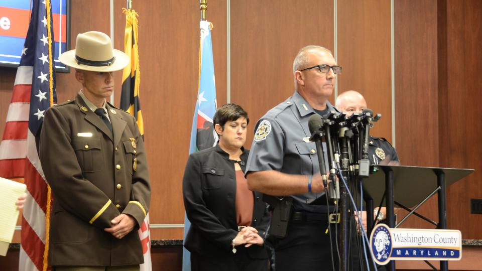 Washington County Sheriff Brian Albert speaks Friday morning during a news conference regarding the investigation of the murder of county Circuit Court Judge Andrew Wilkinson, who was shot in his driveway Thursday night on Olde Waterford Road north of Hagerstown.