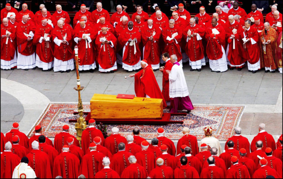 <div class="inline-image__caption"><p>German cardinal Joseph Ratzinger at the Funeral of Pope John Paul II at Saint Peter’s Basilica in Rome, Italy, on April 8, 2005. </p></div> <div class="inline-image__credit">Eric Vandeville/Gamma-Rapho via Getty Images</div>