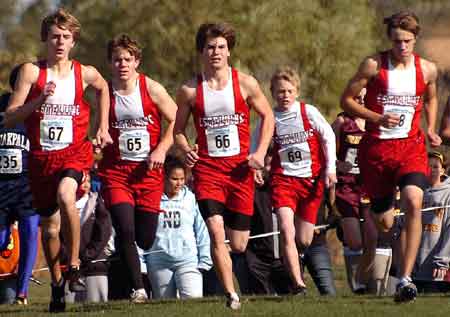 Runners, from left, Brandon Krein, David Elliott, Eric Peterson, Trevor Ward and Blake Saathoff led Estelline's boys to a third consecutive runner-up finish in the 2008 state cross country meet at Huron.