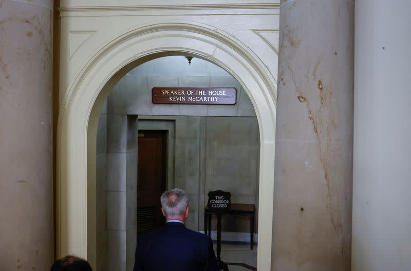 Former House Speaker Kevin McCarthy returns to his office after he was ousted from the position os Speaker in Washington