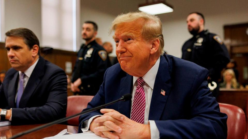 PHOTO: Former President Donald Trump sits at the defendant's table during his criminal trial as jury selection continues at Manhattan Criminal Court on April 19, 2024  in New York City.  (Sarah Yenesel-Pool/Getty Images)