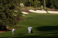 Justin Thomas hits from the fairway on the 13th hole during a practice round for the Masters golf tournament on Tuesday, April 6, 2021, in Augusta, Ga. (AP Photo/David J. Phillip)