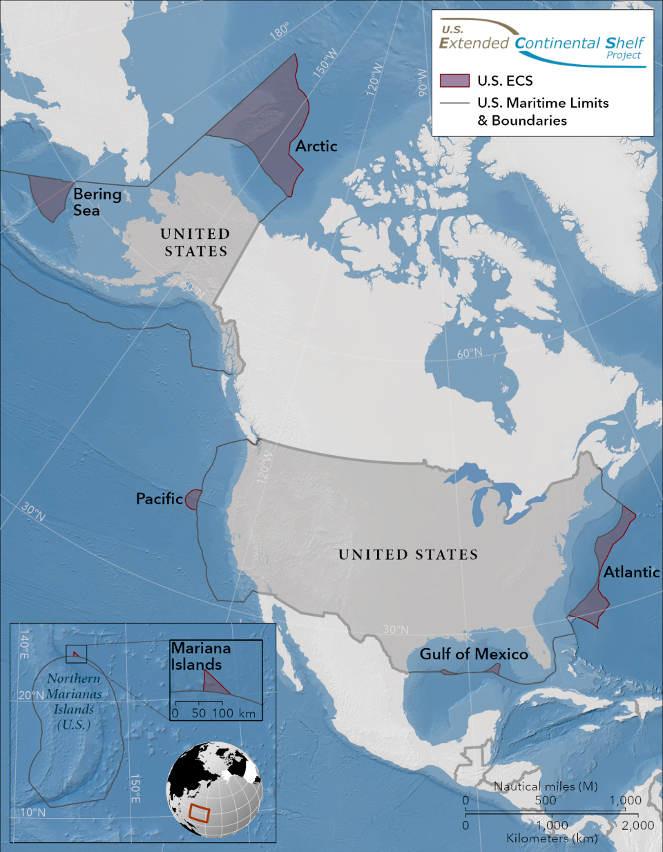 A map of North America and the oceans around it shows the extended continental shelf areas that the U.S. government is preparing to claim as its national territory. The Arctic Ocean holds the largest swath of extended continental shelf area to which the U.S. plans to make claims. (Map provided by U.S. State Department)