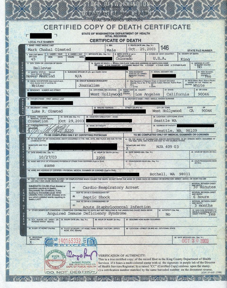 A forged death certificate created by Mark, who hoped that by faking his death he could escape criminal charges.