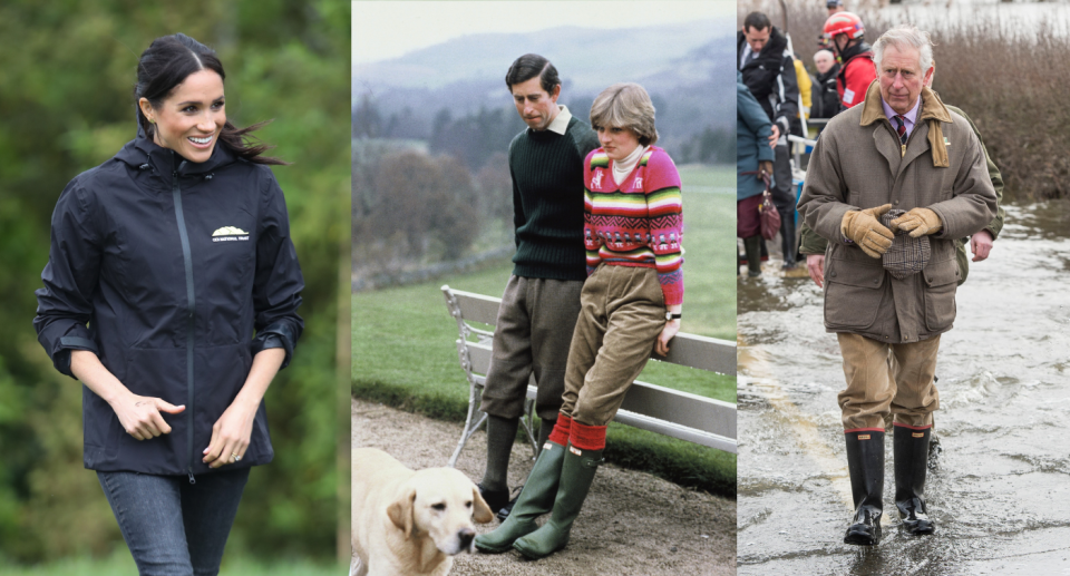 meghan markle, prince charles, and princess diana wearing hunter rain boots