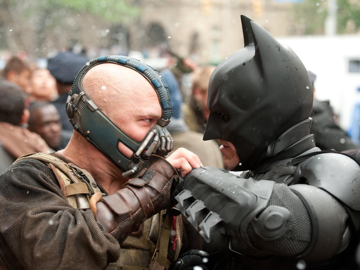 Bane (Tom Hardy) grapples with Batman in Christopher Nolan’s The Dark Knight Rises (Warner Bros)