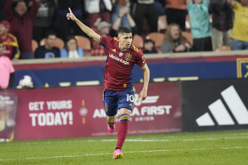 Real Salt Lake forward Jefferson Savarino celebrates after scoring against Sporting Kansas City during the second half of an MLS soccer match Saturday, Oct. 7, 2023, in Sandy, Utah. (AP Photo/Rick Bowmer)