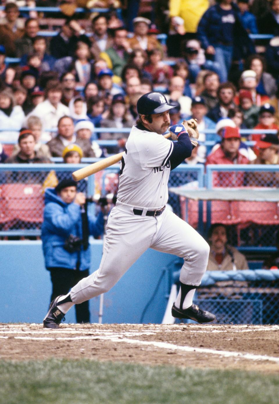 New York Yankees catcher Thurman Munson in action at Cleveland Stadium in an undated photo.