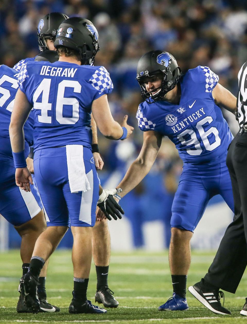 Kentucky kicker Matt Ruffolo (96) celebrates his extra point kick in the second half as the Wildcats beat the No. 25 Cards 26-13 in Saturday's Battle of the Bluegrass college football game. Ruffolo was named MVP of the game. Nov. 26, 2022.