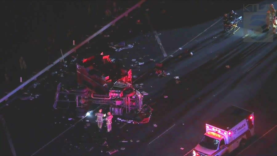 Several patients were flown to the hospital by helicopter after an Orange County Fire Department truck crashed on Freeway 241 on September 19, 2024. (KTLA)