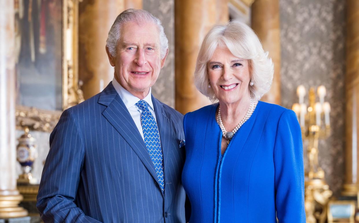 A new portrait of the King and Queen Consort, pictured in the Blue Drawing Room at Buckingham Palace, to mark the Coronation on May 6 - Hugo Burnand/Buckingham Palace