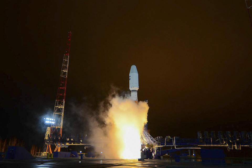 In this photo taken on Thursday, Oct. 25, 2018 and distributed by Roscosmos Space Agency Press Service, a Russian Soyuz-2 booster rocket takes off from the Plesetsk launch facility in northwestern Russia. A Russian Soyuz-2 rocket put a military satellite in orbit on Thursday Oct. 25, 2018, its first successful launch since a similar rocket failed earlier this month to deliver a crew to the International Space Station.(Roscosmos Space Agency Press Service via AP)