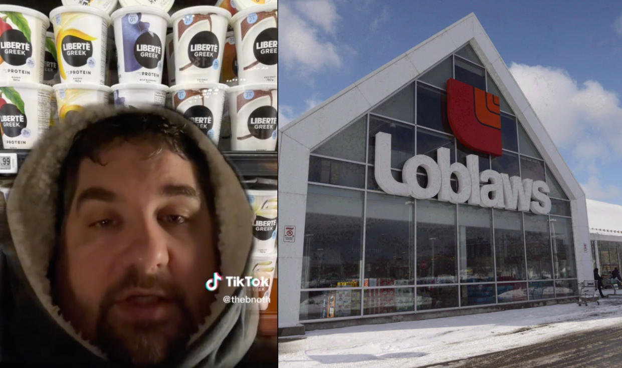 (left) TikTok user @thebnorth standing in front of a shelf of Liberté yogurt. (right) a photo of a Loblaws storefront.