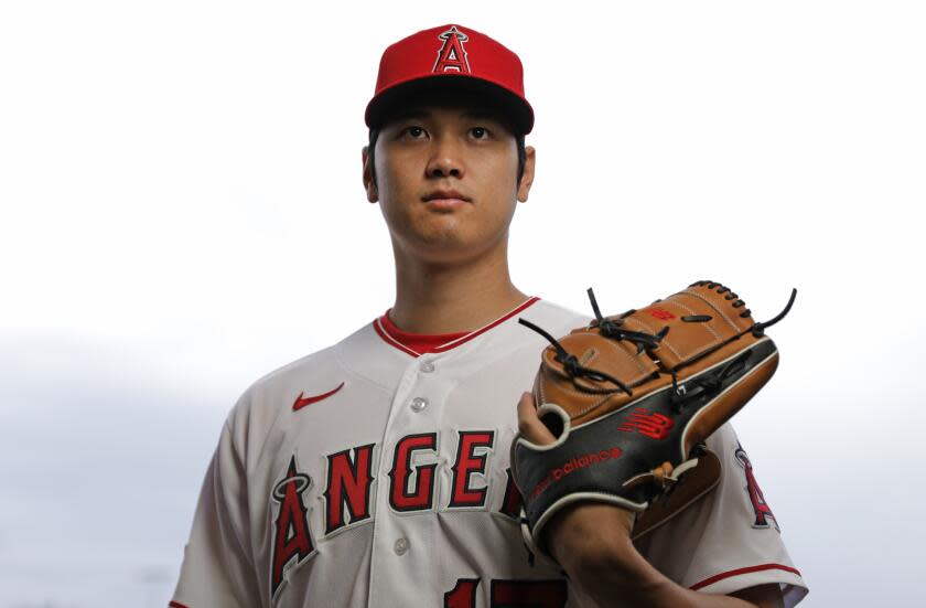 Angels pitcher and designated hitter Shohei Ohtani is photographed at Angels spring training