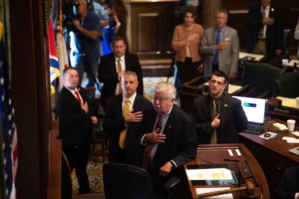 Lt. Gov. Randy McNally, says the U.S. Pledge of Allegiance before session at the State Capitol Building on Thursday, Aug. 24, 2023, in Nashville, Tenn.