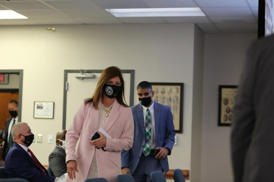 South Carolina Lt. Gov. Pamela Evette arrives at a Senate subcommittee hearing on a bill that would ban almost all abortions in the state on Jan. 14, 2021, in Columbia, S.C. The heartbeat abortion bill has stalled in recent years, but appears to have a good chance of passing in 2021.(AP Photo/Jeffrey Collins)