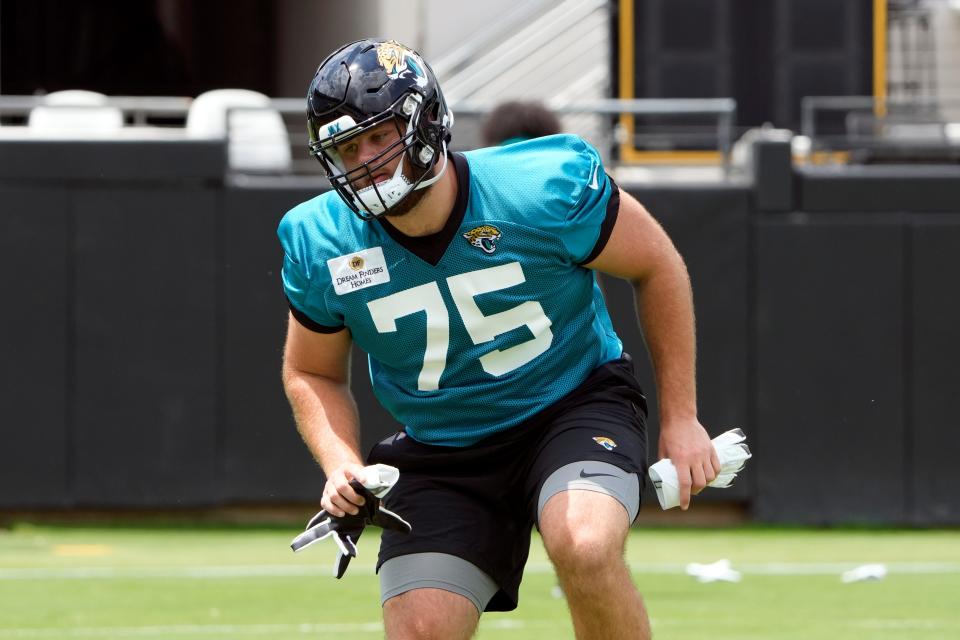 Jacksonville Jaguars guard Cooper Hodges (75) performs a drill during an NFL football rookie camp, Friday, May 12, 2023, in Jacksonville, Fla. (AP Photo/John Raoux)