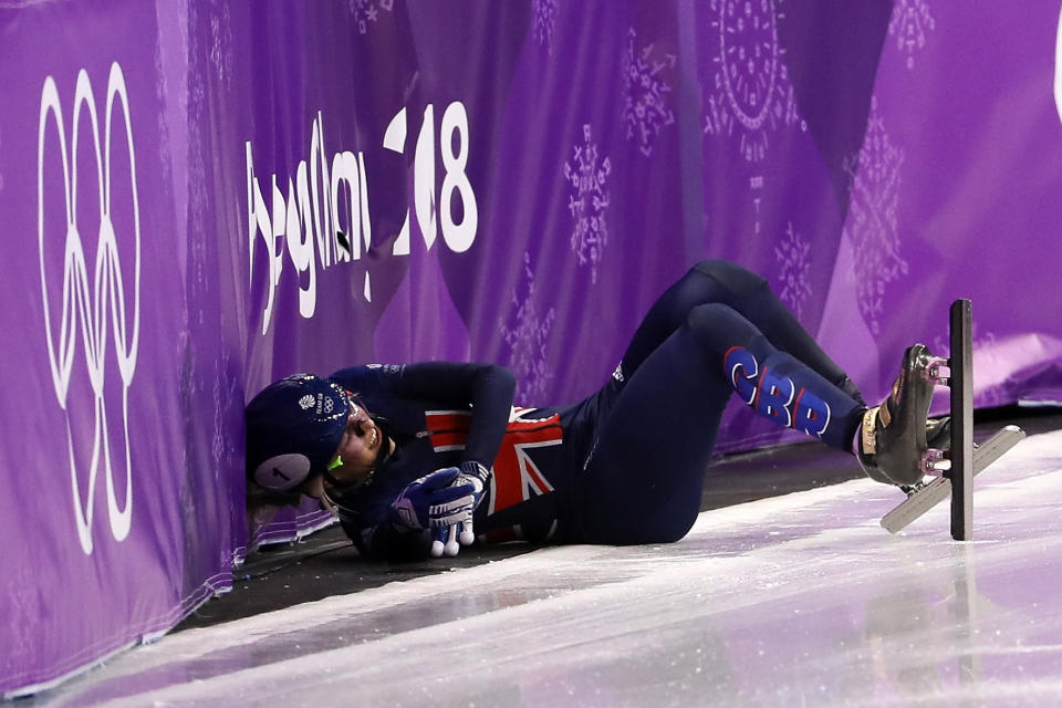 Elise Christie of Great Britain falls after a crash with Jinyu Li of China during the Short Track Speed Skating Ladies’ 1500m Semifinals on day eight of the PyeongChang 2018 Winter Olympic Games at Gangneung Ice Arena on February 17, 2018 in Gangneung, South Korea. (Photo by Jamie Squire/Getty Images)