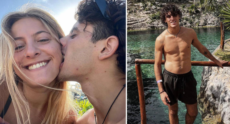 Benjamin Gamond, 23, from Cordoba, Argentine, kisses his girlfriend Carmela Martinez in undated photo. He was on vacation with his friends and died after being hit with a machete in Lagunas de Chacahua, on the Pacific coast of Mexico on Friday, May 12, 2023. (@carmelamartinezv/Newsflash)