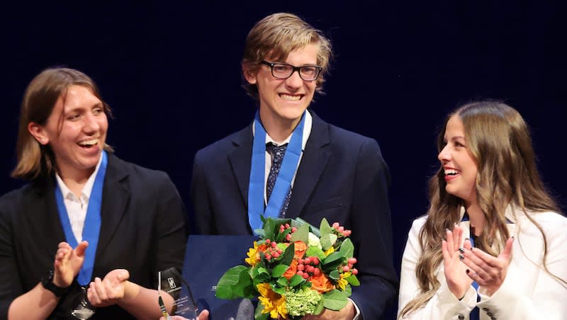 Dallin Soukup, Skyline, wins the General Sterling Scholar Award at the Sterling Scholar Ceremony at the Conference Center Little Theater in Salt Lake City on Thursday, April 18, 2024.