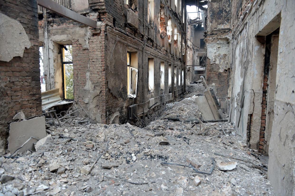 This photograph shows a view of a school destroyed as a result of fighting not far from the center of Ukrainian city of Kharkiv, located some 50 km from Ukrainian-Russian border, on Feb. 28, 2022.