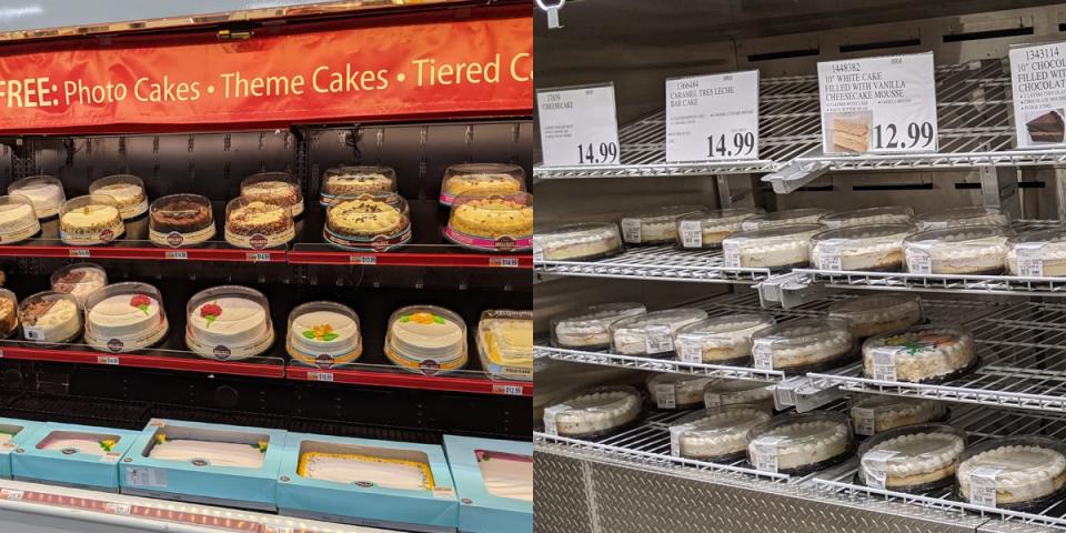 Shelves of cakes with orange sign at BJ's and cakes on metal wire racks at Costco