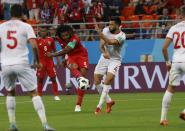 <p>Panama’s Roman Torres, left, takes a shot as Tunisia’s Yassine Meriah, right, scores with his own goal during the group G match between Panama and Tunisia at the 2018 soccer World Cup at the Mordovia Arena in Saransk, Russia, Thursday, June 28, 2018. (AP Photo/Darko Bandic) </p>