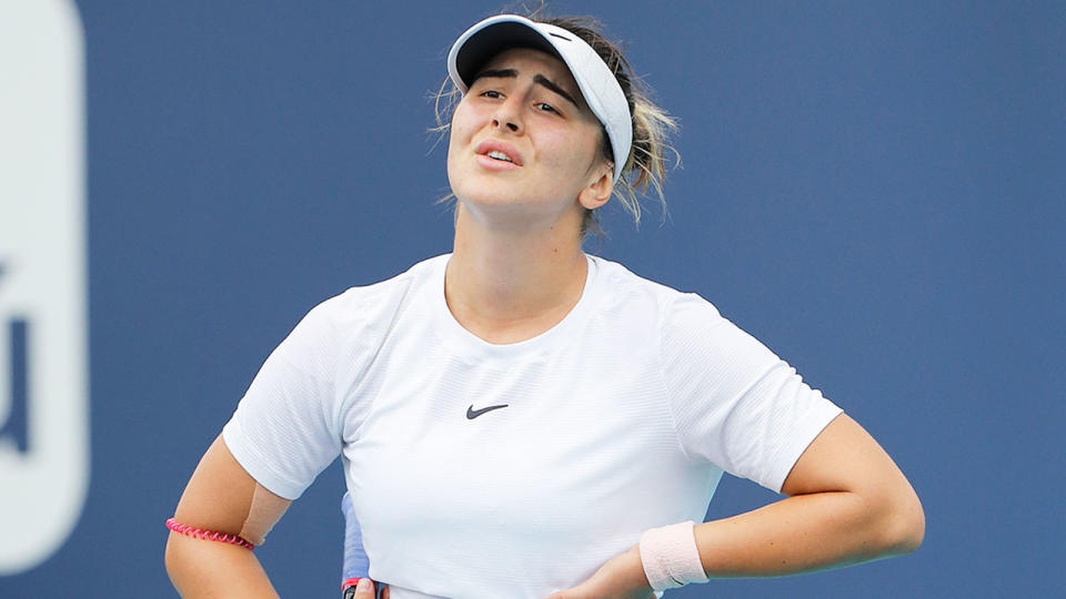 Bianca Anddreescu is seen here looking frustrated on court during a Miami Open match.