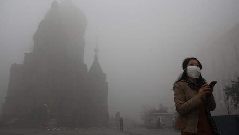 A woman wearing a mask checks her mobile phone during a smoggy day on the square in front of Harbin's landmark San Sophia church. Photo: Reuters