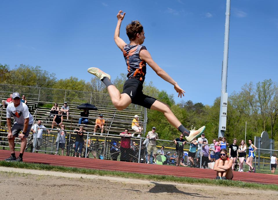 Brandon Thompson of Summerfield leaps to win the long jump at the Mason Invitational Saturday.