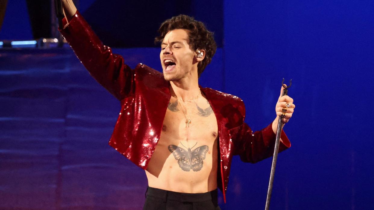 Harry Styles performs at the Brit Awards at the O2 Arena in London, Britain, February 11, 2023. 