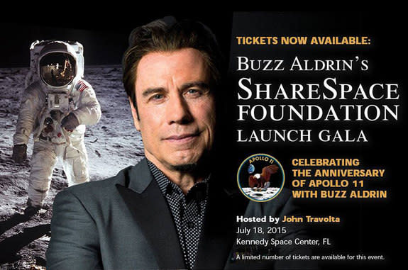 Actor and aviator John Travolta will host the launch gala for Buzz Aldrin's ShareSpace Foundation in July 2015.