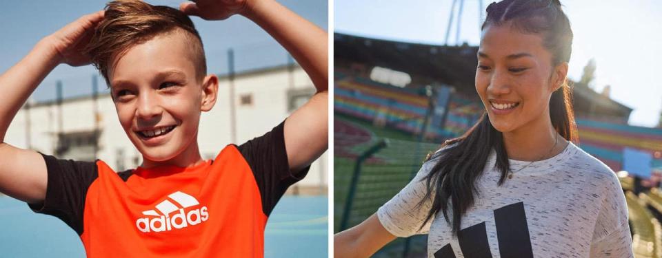 boy wearing adidas shirt smiling and woman wearing adidas shirt smiling