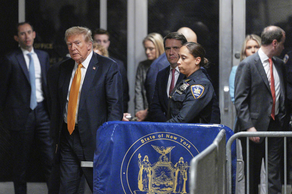 Former President Donald Trump, with his attorney Todd Blanche at his side, walks over to speak to the media as the jury deliberates in this trial at Manhattan Criminal Court, Wednesday, May 29, 2024, in New York. (Curtis Means/Pool Photo via AP)