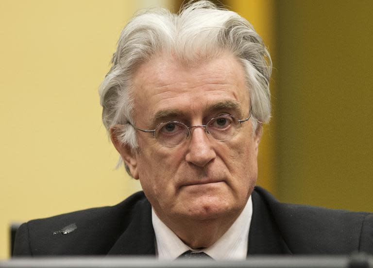 Bosnian Serb wartime leader Radovan Karadzic appears in the courtroom for his appeal judgement at the International Criminal Tribunal for Former Yugoslavia (ICTY) in The Hague, The Netherlands, on July 11 2013
